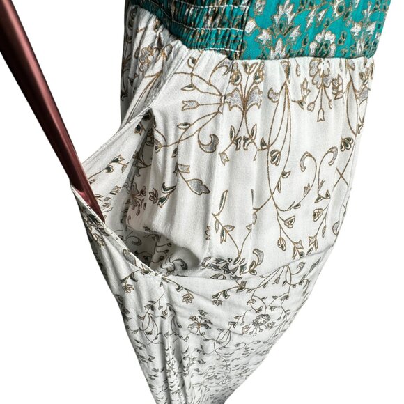 Boho Maxi Dress White Floral Print Sleeveless V-Neck Lined with Pockets Size L - Picture 14 of 15